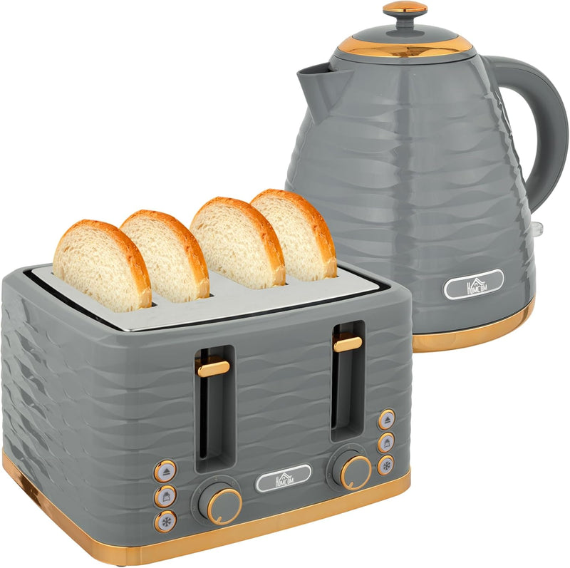 HOMCOM Wasserkocher Toaster Set Frühstück-Set mit 1,7L Wasserkocher, 4 Scheiben Toaster, 2200 W, 7 B