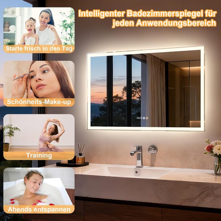 Beleuchteter Spiegel 100 x 70 cm, beleuchteter Badspiegel, LED-Spiegel mit Uhr, 3 einstellbare Licht