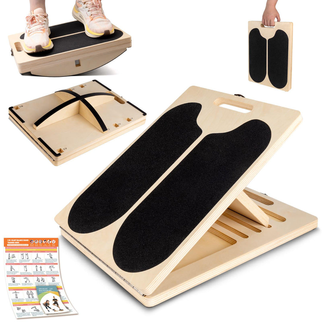 Wadendehner Schrägbrett aus Holz, 3-in-1 Slant Board mit 6 Winkeln und Trainingsposter, Verstellbar