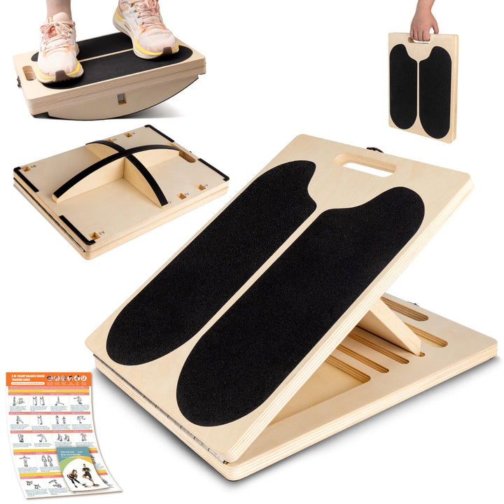 Wadendehner Schrägbrett aus Holz, 3-in-1 Slant Board mit 6 Winkeln und Trainingsposter, Verstellbar
