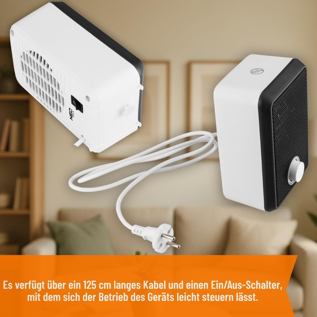 NEO TOOLS Tisch-Heizlüfter, 600W - Kompakter Mini-Heizlüfter mit Thermostat & Kippschutz, ideal für