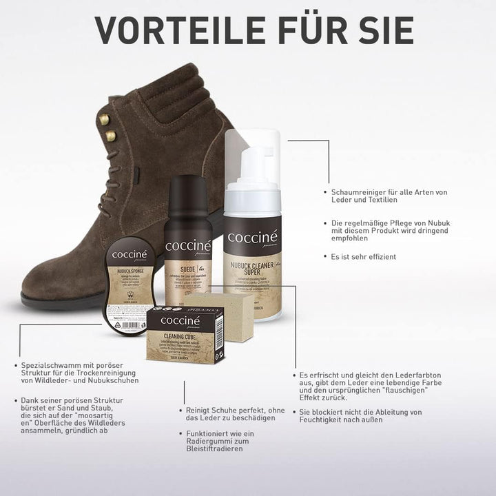 Cocciné - Schuhpflege-Set I 4-in-1-Pflegeset I Pflegt Schuhe aus Wildleder, Nubuk und TEX-Membranen