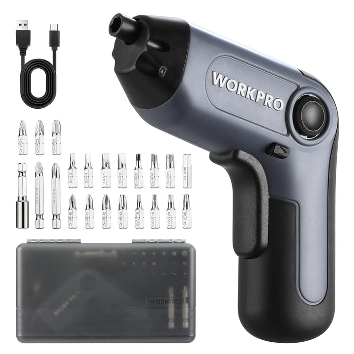 WORKPRO Akkuschrauber Set 3,6V, Exzentrischer Schraubendreher, mit 21 Bits und Verlängerungsstange,