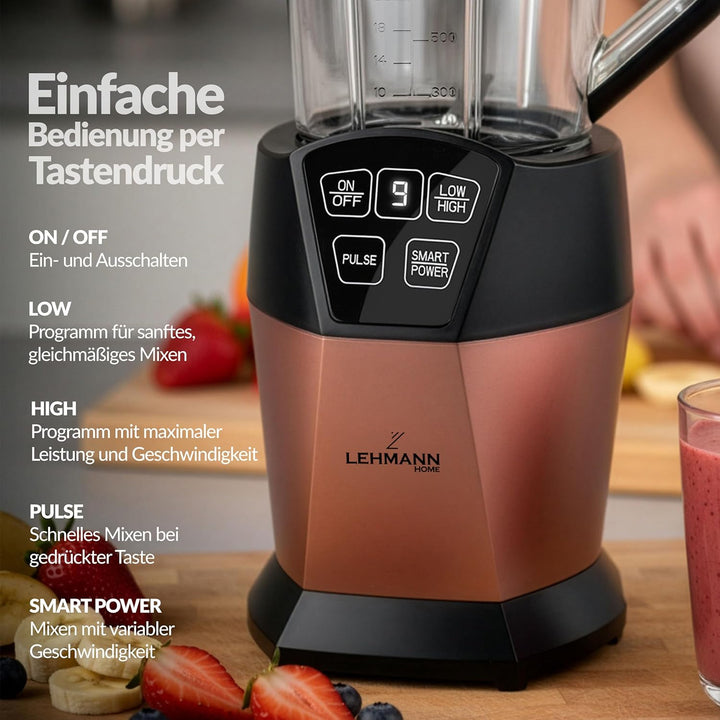 LEHMANN Standmixer & Smoothie Maker 2-in-1, Mixbehälter 1500 ml und To-Go-Trinkflasche 800 ml, 4 Ges
