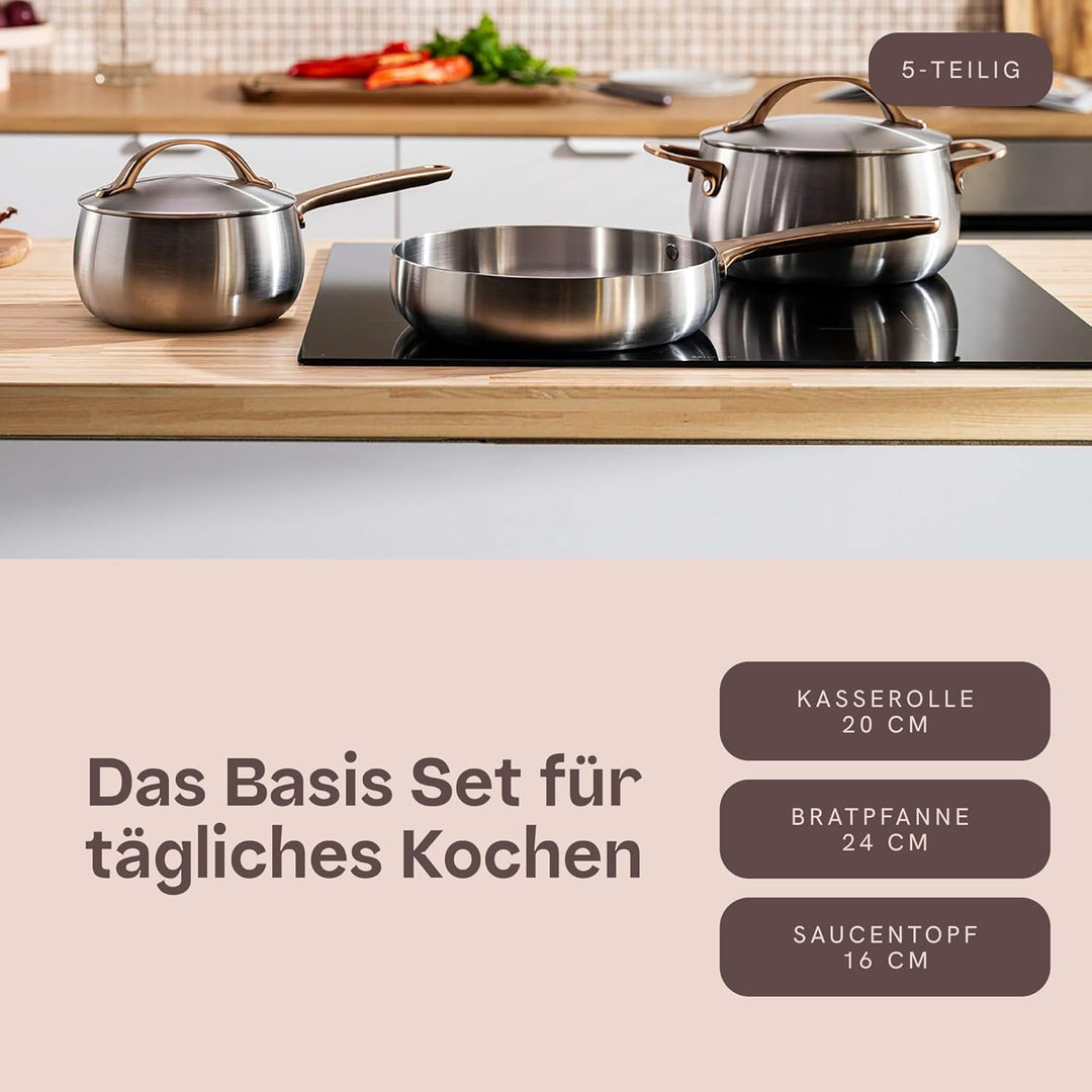 BergHOFF Home Topfset Edelstahl – 5-tlg. – Topf und Pfannenset Set mit Deckel - Kochtopfset für alle