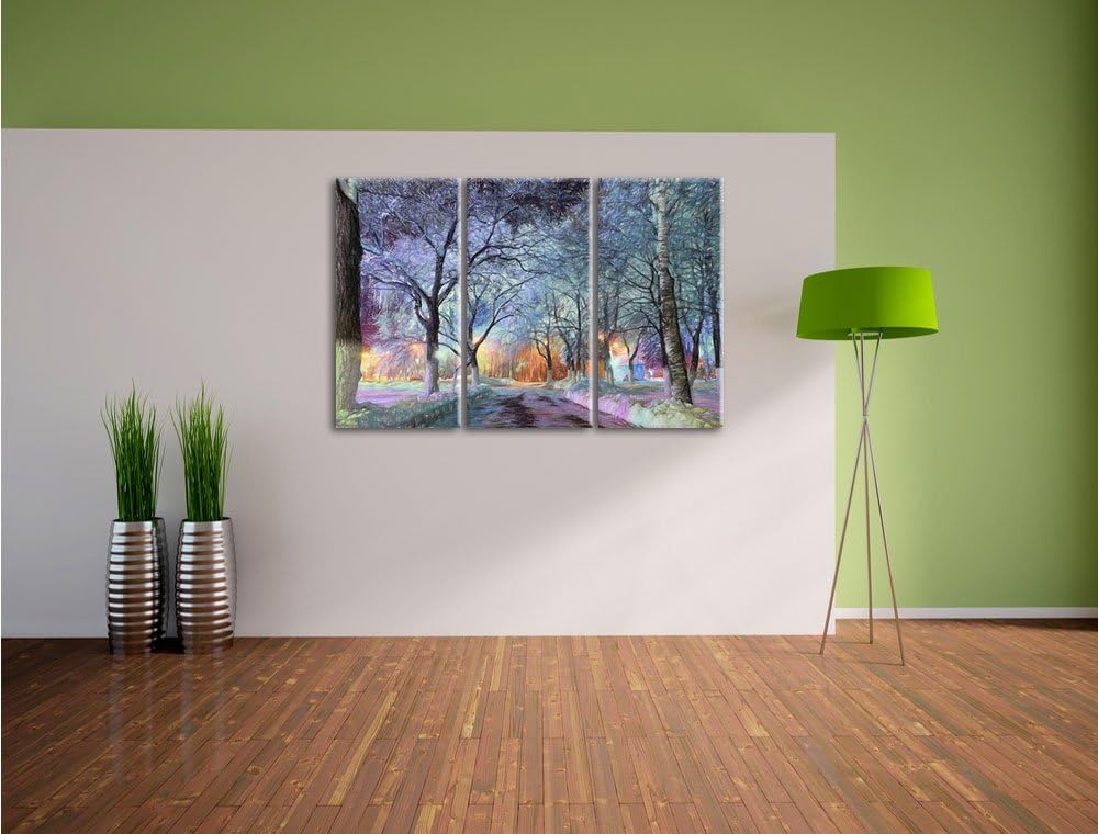Pixxprint Baumallee im Winter Bunstift Effekt 3-Teiler Leinwandbild 120x80 Bild auf Leinwand