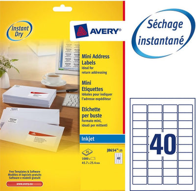 Avery J8654-25 Mini-Etiketten für Tintenstrahldrucker (40 pro Blatt, 45,7 x 25,4 mm) 1000 Etiketten