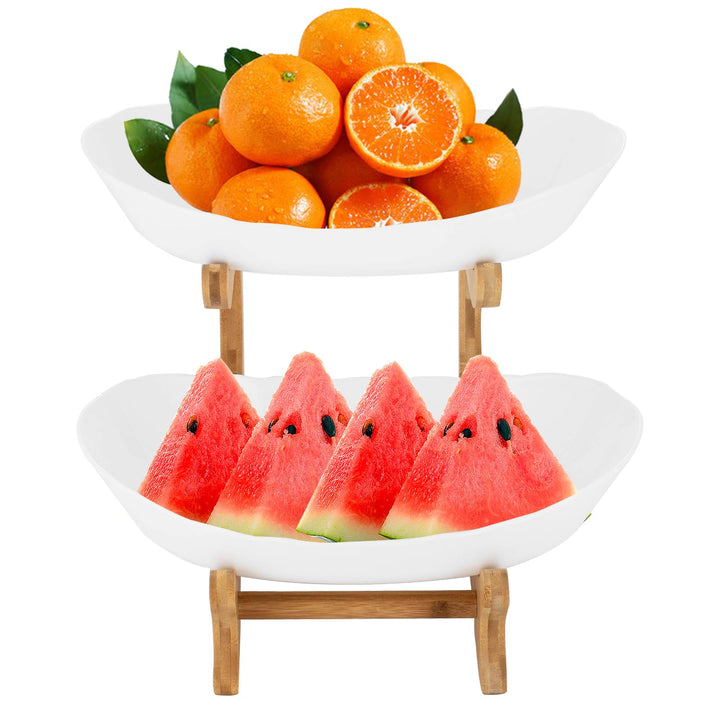 Obst Etagere Obstschale Obstteller 2 Etagen mit Natürlichem Bambus Ständer Servierteller Etagere 2 S