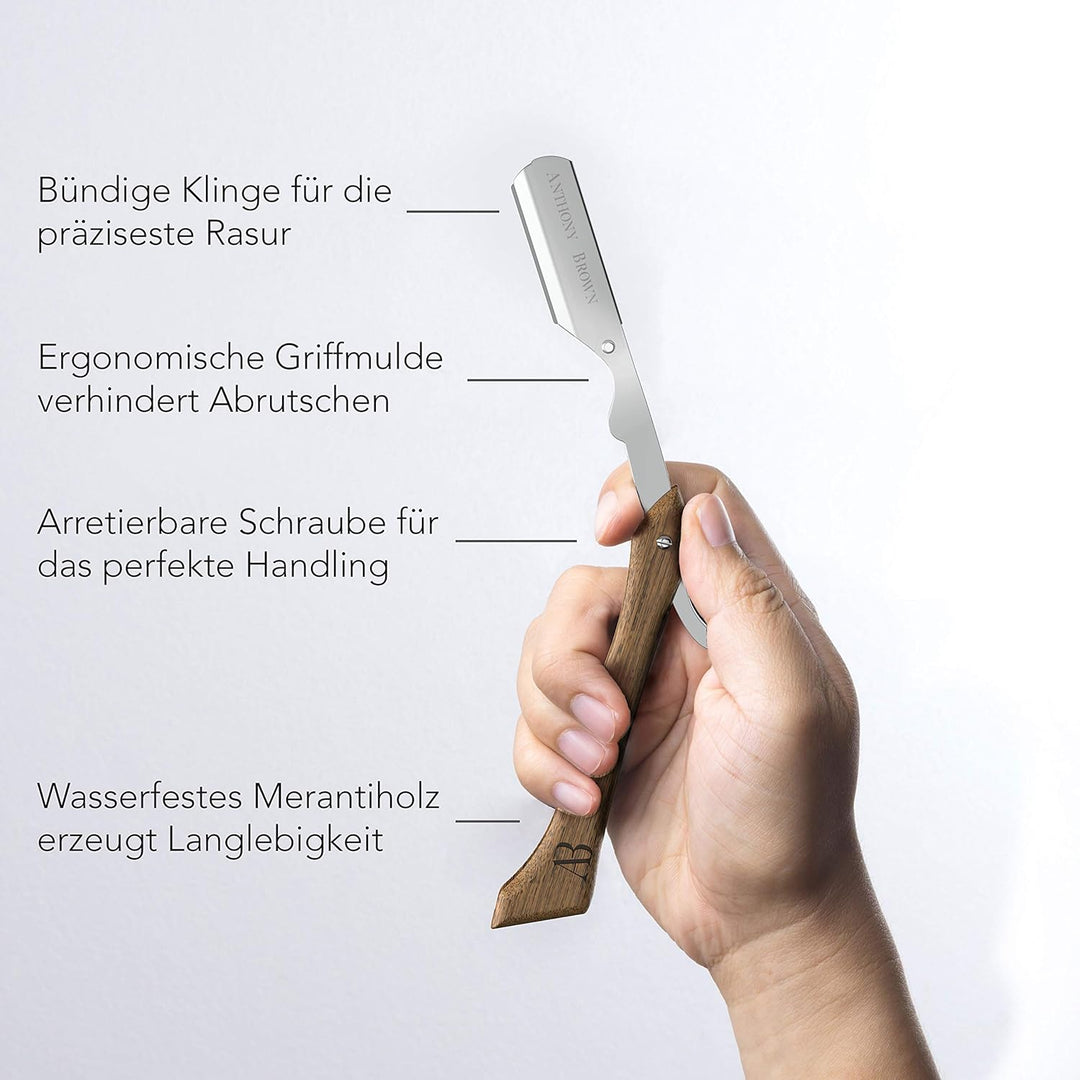 Anthony Brown® Rasiermesser Holz in Schwarz oder Silber - einzigartiger Klingenkopf für mehr Präzisi