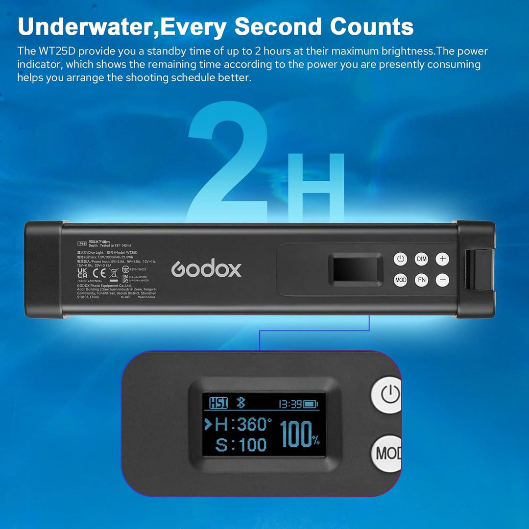 Godox WT25D Tauchgang Licht LED Videolichtstab lP68 wasserdichte Rate CRI 96+ und TLCI 96+, 5600K Ei