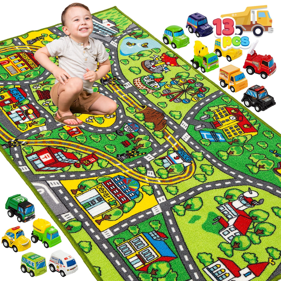 JOYIN Teppich Kinderzimmer 80x150cm mit 12 Mini Auto Spielzeug für Kinder ab 3 Jahren, Spielteppich