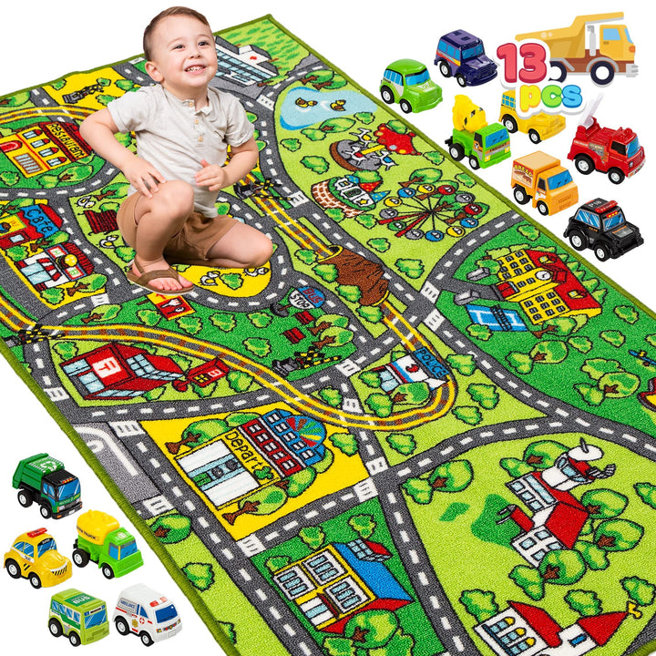 JOYIN Teppich Kinderzimmer 80x150cm mit 12 Mini Auto Spielzeug für Kinder ab 3 Jahren, Spielteppich