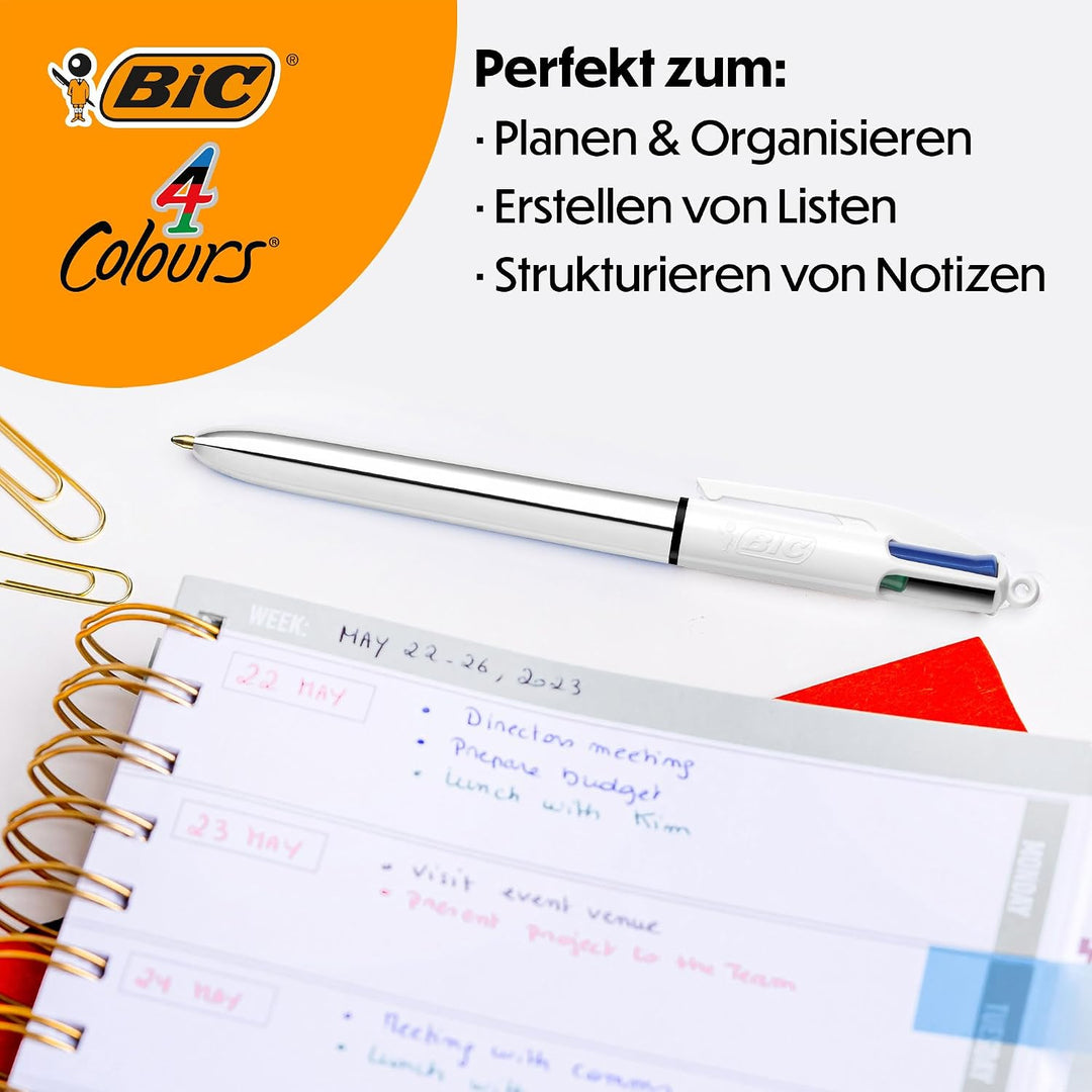 BIC 4 Farben Kugelschreiber Set 4 Colours, 6er Stifte Set in lila Stiftebecher, Geschenkidee für Sam