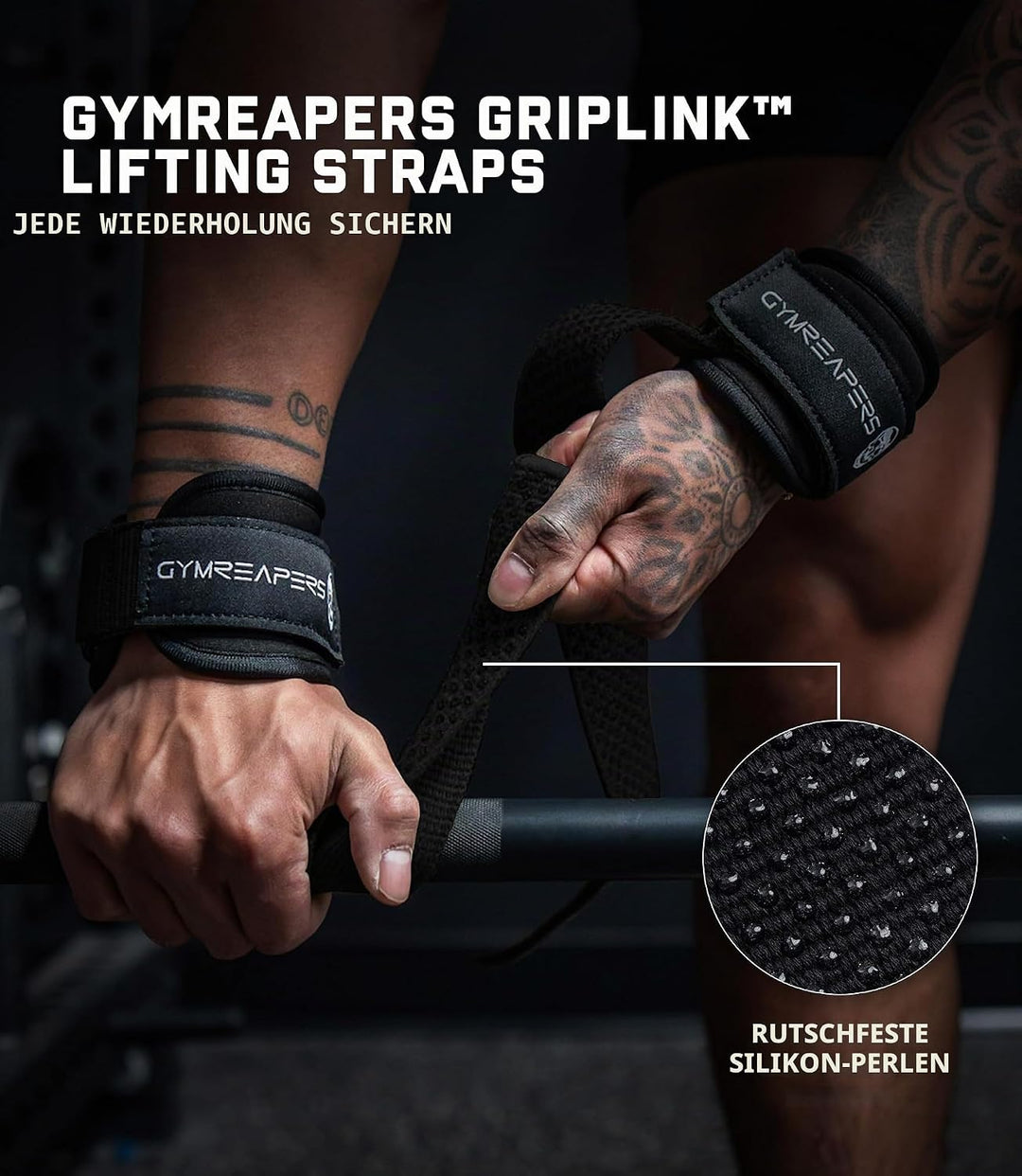 Gymreapers GripLink Gewichthebergurte mit robustem D-Ring und rutschfestem Silikon-Griffperle, gepol