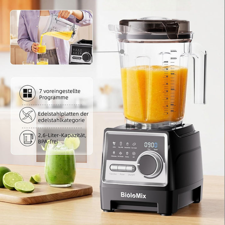 BioloMix 1500W Hochleistungsmixer Smoothie Maker und 2,6 l grossvolumiger BPA Freier Behälter Mit 6