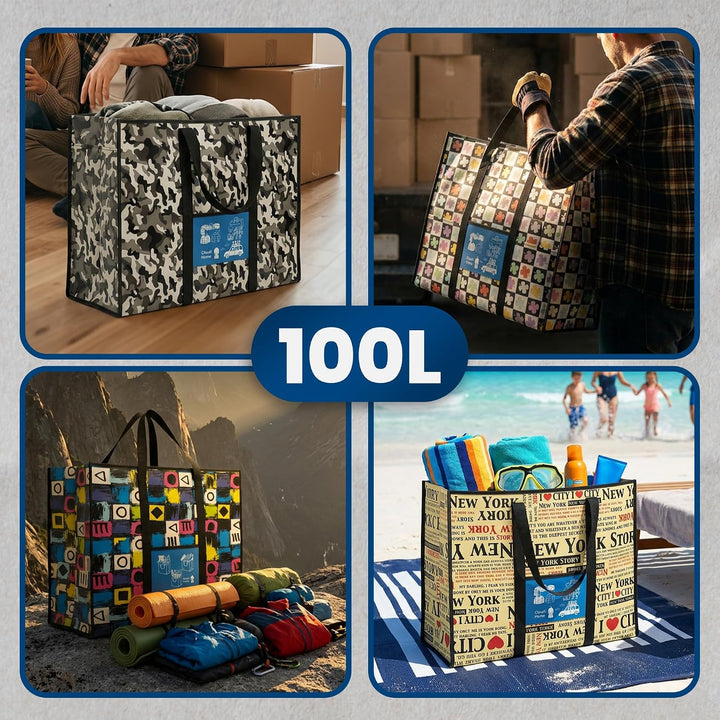 5er-Set XXL Umzugstaschen 100L mit Rucksackfunktion & verstärkten Griffen, extrem robuste Kleidertas