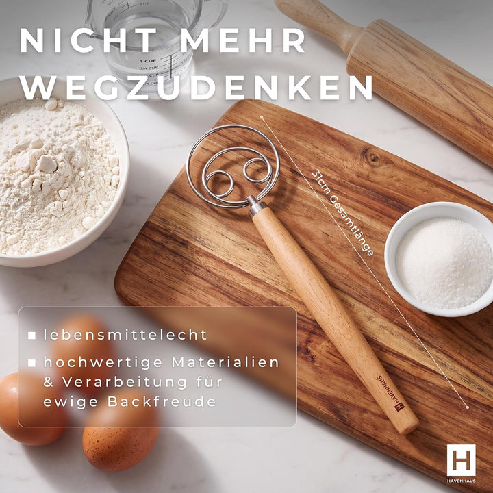 HAVENHAUS Backset Brotkorb Dänisch - Gärkörbchen Backen Set Sauerteig Brot Dänischer Schneebesen Gär