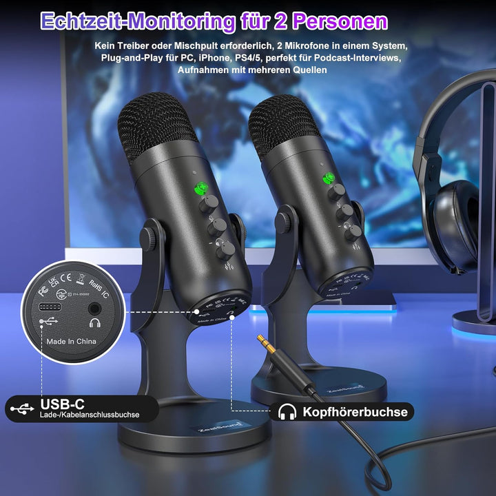 zealsound 2-in-1 Wireless Podcast Mikrofon Kit – Dual 2.4GHz Desktop Mikrofone für PC Mac iPhone PS5
