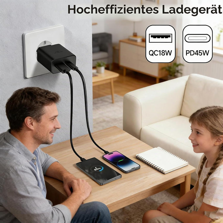 Schnellladegerät Ladeadapter netzteil 45W USB Typ-C 18W USB Typ-A Ladegerät （Schwarz 1 Stück）für:iPa