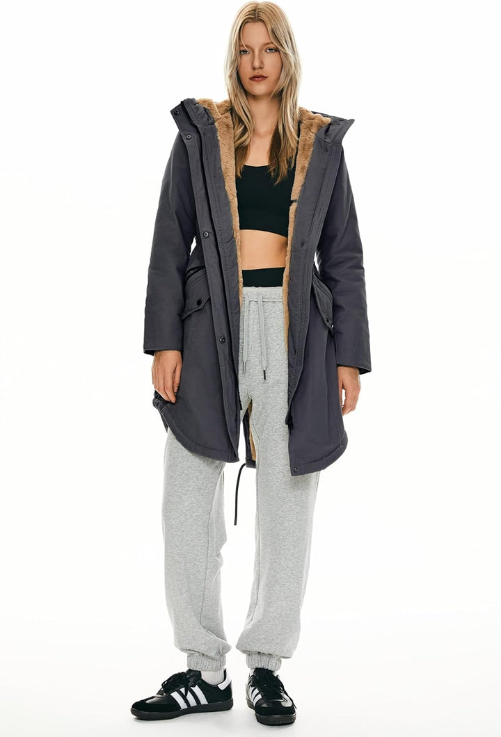 Orolay Damen Kapuzen Fleece Gefüttert Parka-Mantel Mittlere Länge Winter Draussen Gepolstert Jacke X