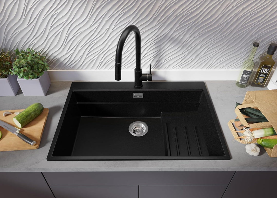 Spülbecken Schwarz 78x53 cm, Granitspüle 1 Becken + Ablauf-Set + Küchenarmatur, Küchenspüle ab 80er