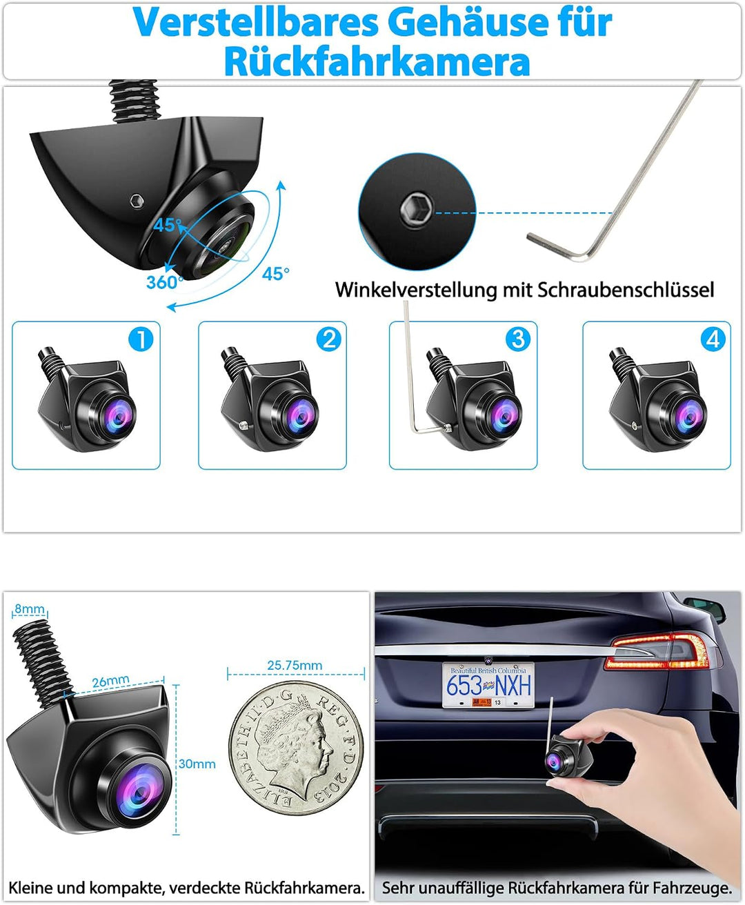 AHD 1080P Rückfahrkamera Auto Rückfahrkamera mit 360°+45° Einstellbares Objektiv Kabel Rückfahrkamer