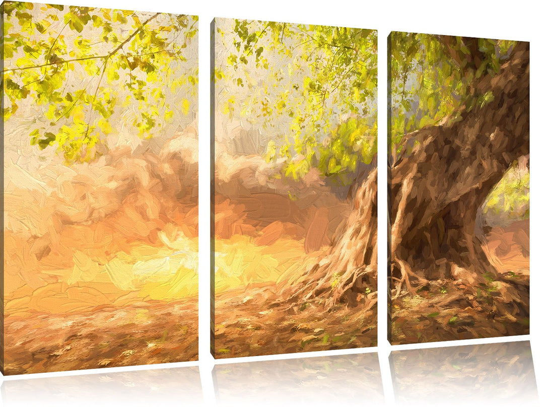 Pixxprint Verwurzelter starker Baum im Sonnenuntergang Kunst Pinsel Effekt 3-Teiler Leinwandbild 120