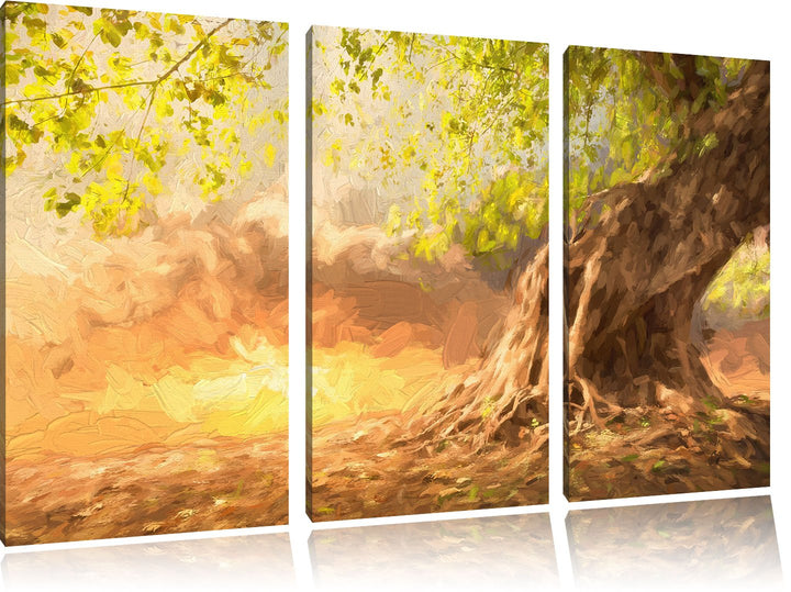Pixxprint Verwurzelter starker Baum im Sonnenuntergang Kunst Pinsel Effekt 3-Teiler Leinwandbild 120