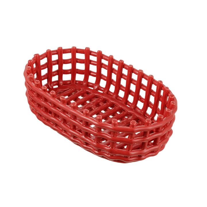 Baroni Home Mehrzweckkorb aus Keramik, geflochten, Obstkorb, Tischdeko, Taschenleerer (oval, rot) Ro
