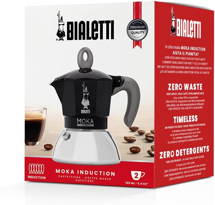 Bialetti - Moka Induction, Moka-Kanne, Geeignet für Alle Herdarten, 2 Tassen Espresso (100ml), Schwa
