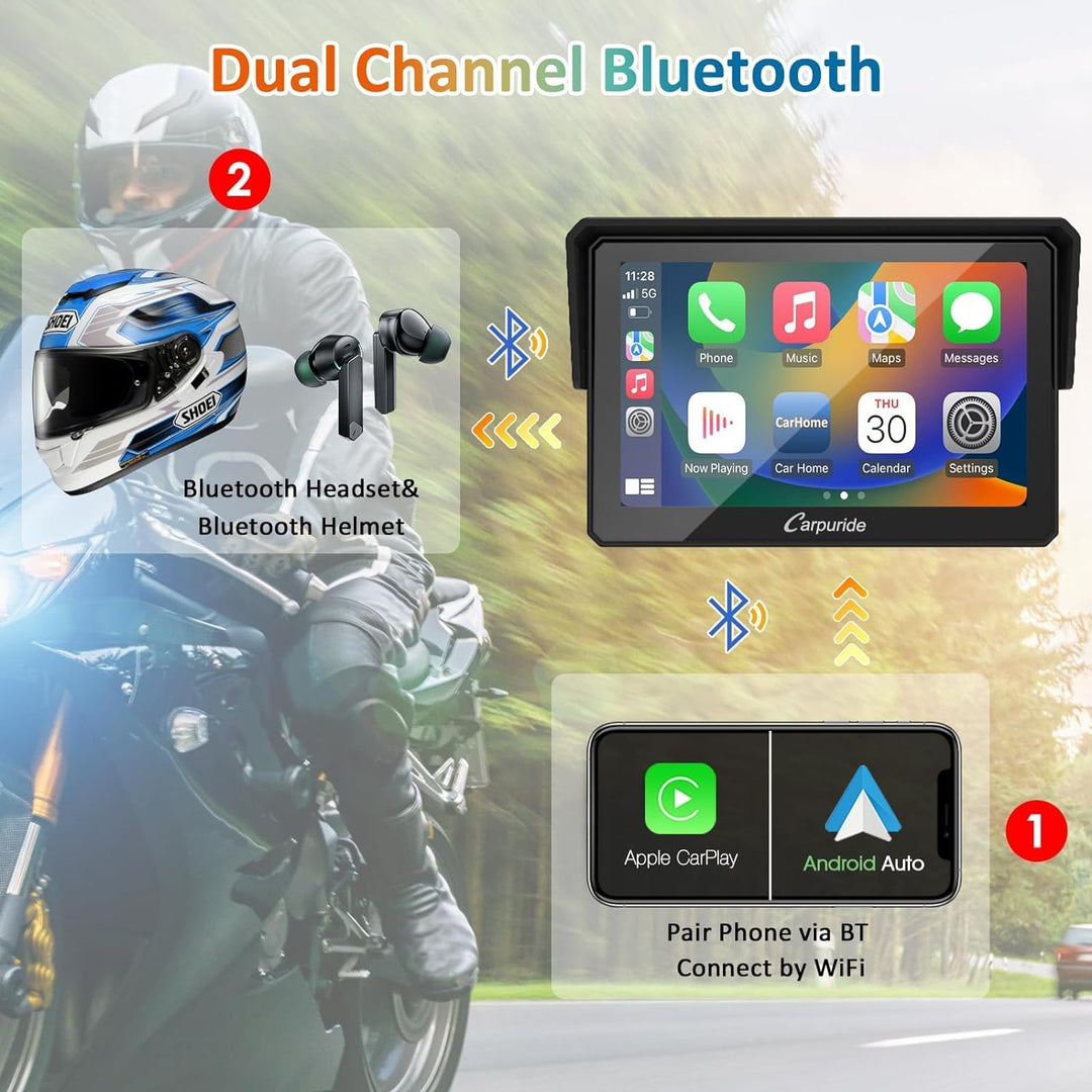Carpuride W502 Motorrad GPS Drahtlose Tragbare Apple Carplay&Android Auto, 5 Zoll IPS wasserdichte T