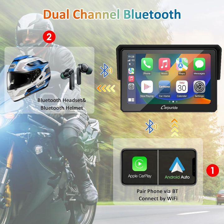 Carpuride W502 Motorrad GPS Drahtlose Tragbare Apple Carplay&Android Auto, 5 Zoll IPS wasserdichte T