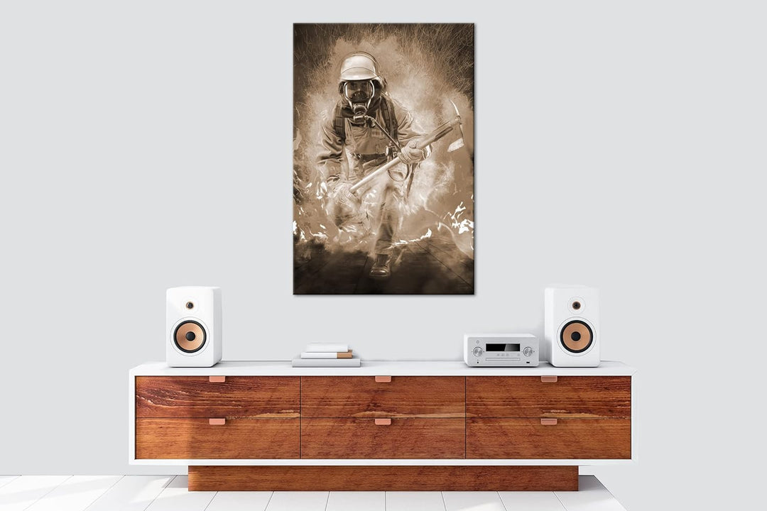 deyoli Feuerwehrmann im Einsatz Format: 100x70 Effekt: Sepia als Leinwandbild, Motiv fertig gerahmt