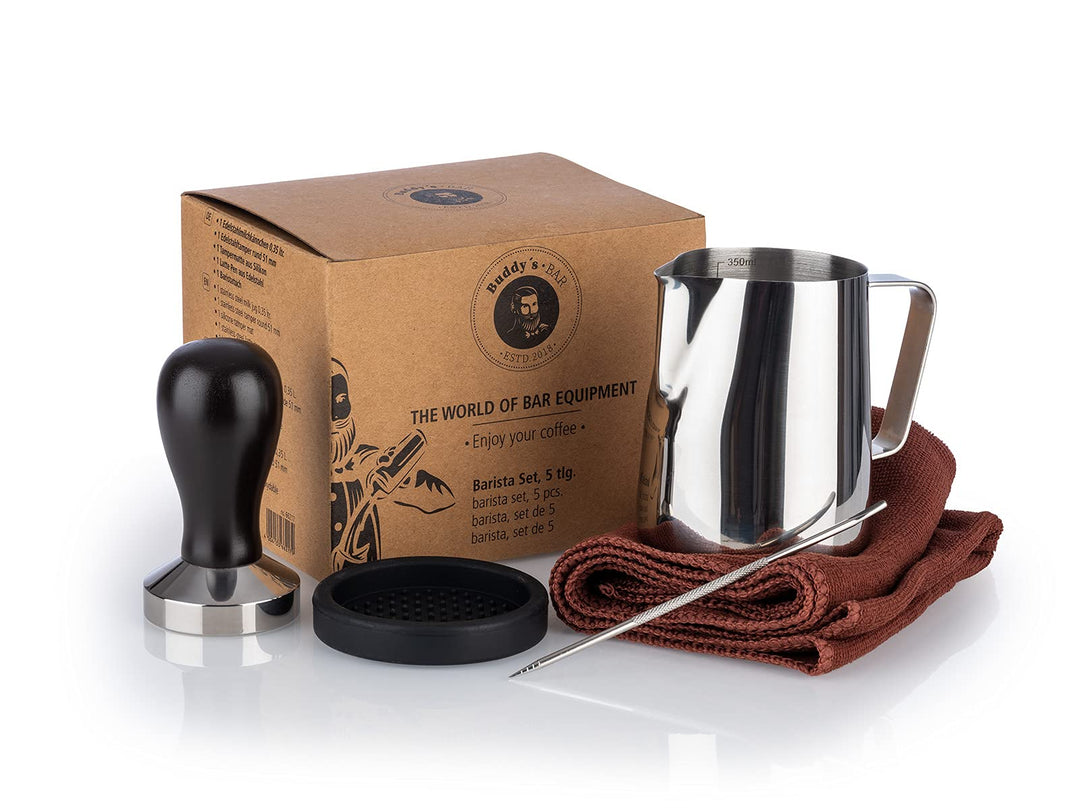 Buddy´s Bar - Barista Edition, Premium Barista Set, 5-teilig, Milchkännchen 0,35 Liter, Kaffeestempe