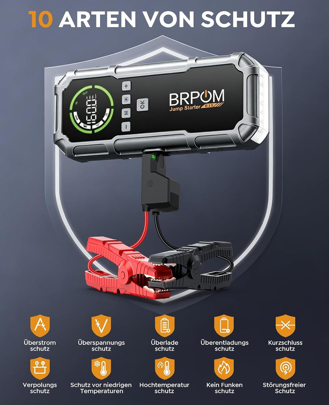 BRPOM Starthilfe Powerbank 8000A, Auto Starthilfe mit Kompressor 160PSI, 26800mAh Batteriestarter fü