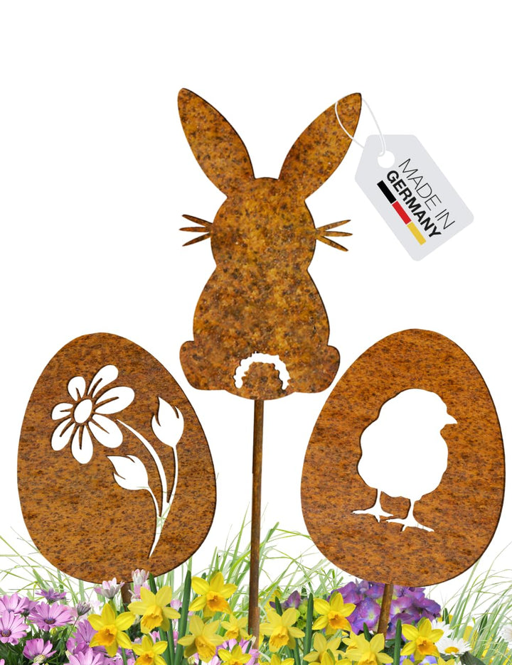 Terma Stahldesign Edelrost Ostereier & Hase 3er Set Handmade Germany, Osterdeko Rostoptik, Rostfigur
