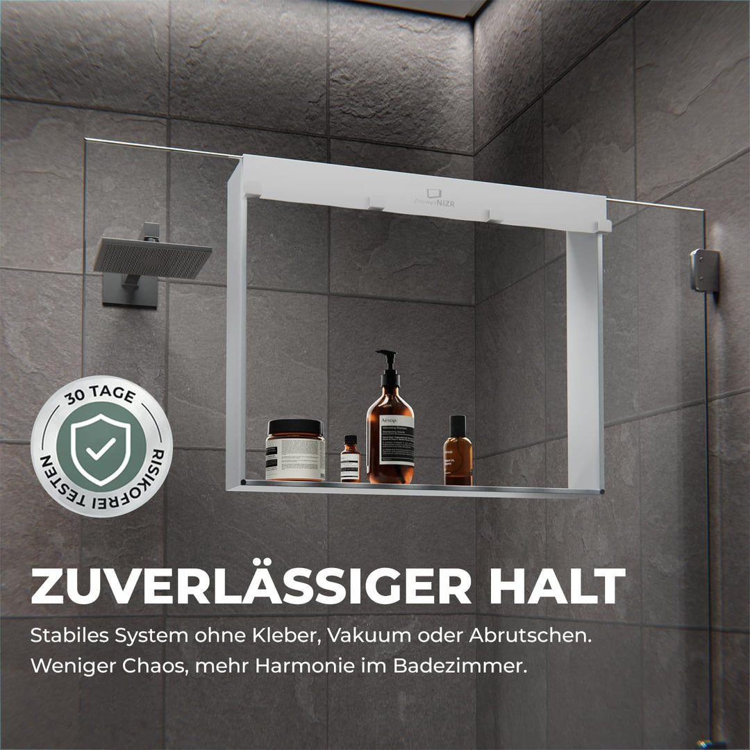 ShowerNIZR Duschregal Weiss - Duschablage ohne Bohren für Duschwand zum Hängen aus Edelstahl mit 4 H