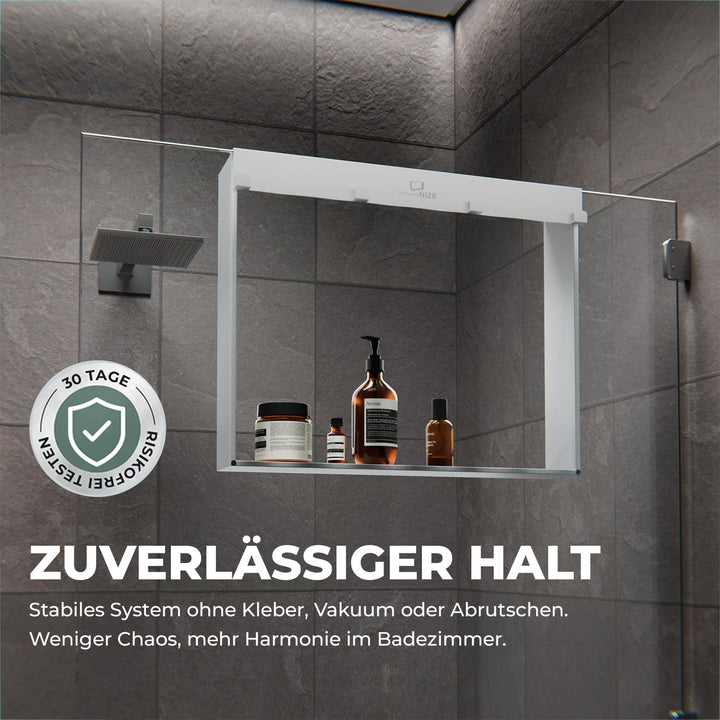 ShowerNIZR Duschregal Weiss - Duschablage ohne Bohren für Duschwand zum Hängen aus Edelstahl mit 4 H