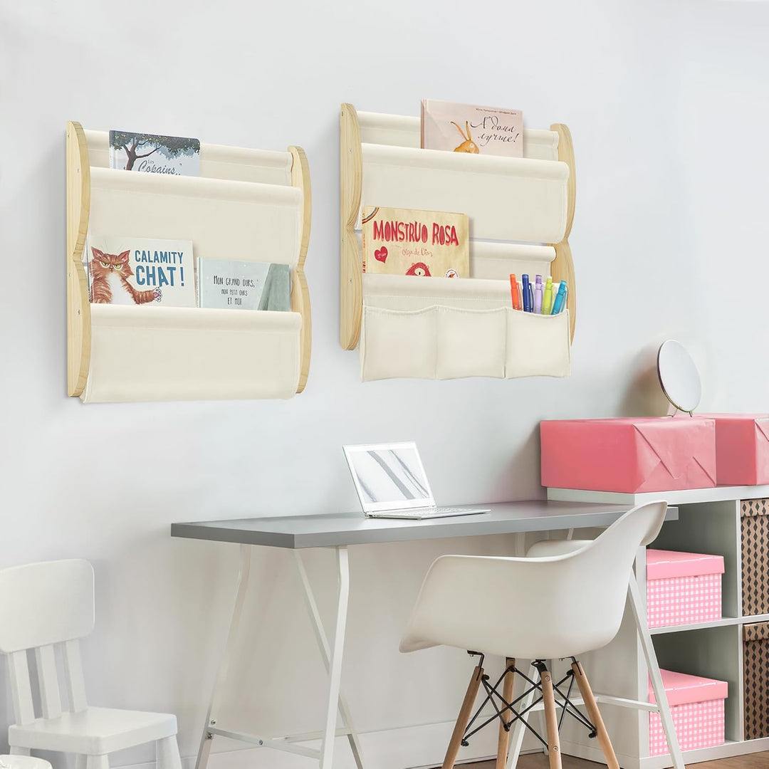 wooshwa Bücherregal Kinder Wand Kinderbücherregal Montessori mit 4 Ablagen & 3 Taschen Kinderregal W
