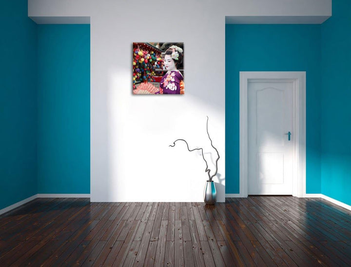 Anmutige Geisha mit Fächer, Format: 70x70 auf Leinwand, XXL riesige Bilder fertig gerahmt mit Keilra