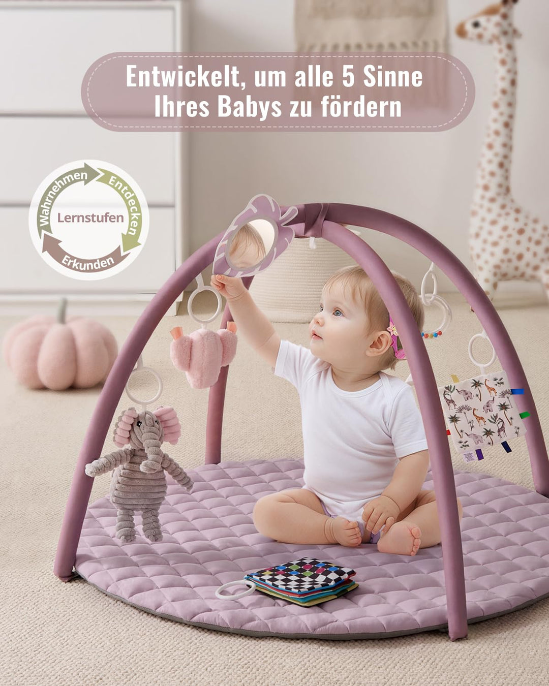 Blissful Diary Spielbogen Baby, Spieldecke Baby Gym Activity Decke mit 6 Abnehmbare Spielzeuge, krab