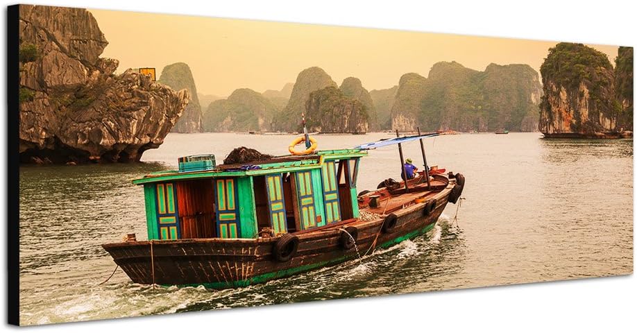 Paul Sinus Art Panoramabild auf Leinwand und Keilrahmen 150x50cm Vietnam Meer Felsen Boot Morgenlich