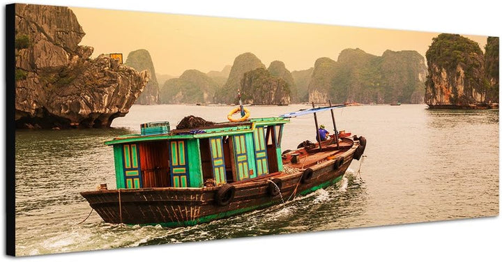 Paul Sinus Art Panoramabild auf Leinwand und Keilrahmen 150x50cm Vietnam Meer Felsen Boot Morgenlich
