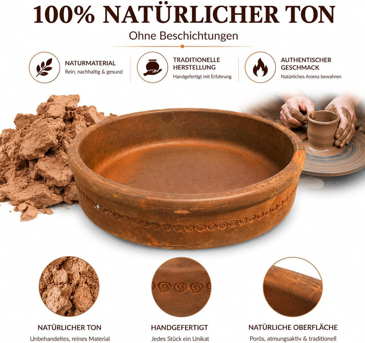 Terrakotta Güveç Tava Ø 30 cm – Handgefertigte Auflaufform aus Naturton für Ofen, Güveç, Schmorgeric