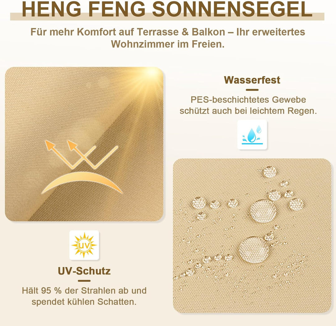 HENG FENG Sonnensegel 2.5x2.5m Rechteckig Wasserdicht mit 95% UV-Schutz Sonnenschutz für Garten Terr