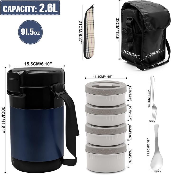 Thermobehälter Essen mit 4 Einzelnen Trennbehältern, Isolier-Lunchbox Edelstahl 2.6L, Auslaufsicher,