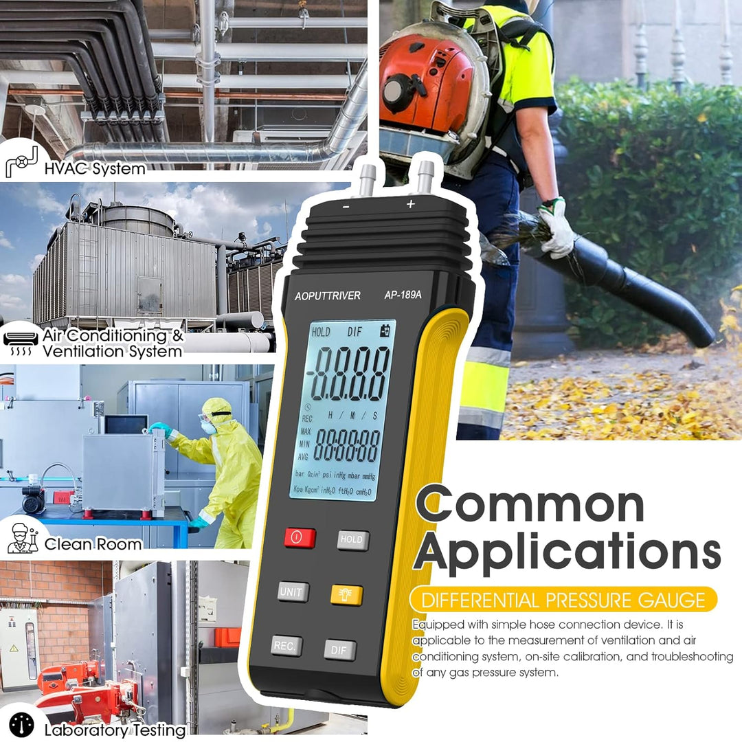 Manometer, AOPUTTRIVER AP-189A Professionelles Luftdruckmessgerät, Gasdruckmessgerät mit zwei Anschl