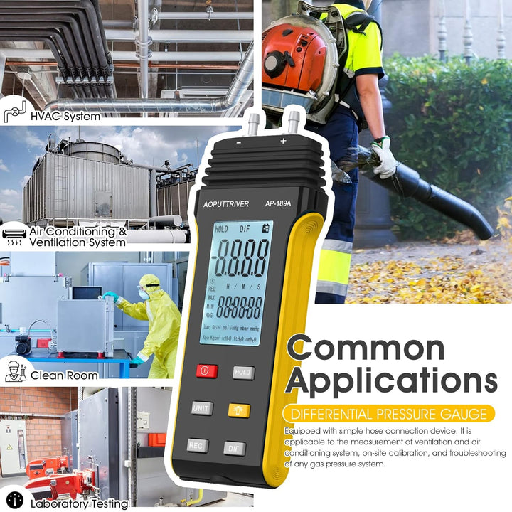 Manometer, AOPUTTRIVER AP-189A Professionelles Luftdruckmessgerät, Gasdruckmessgerät mit zwei Anschl