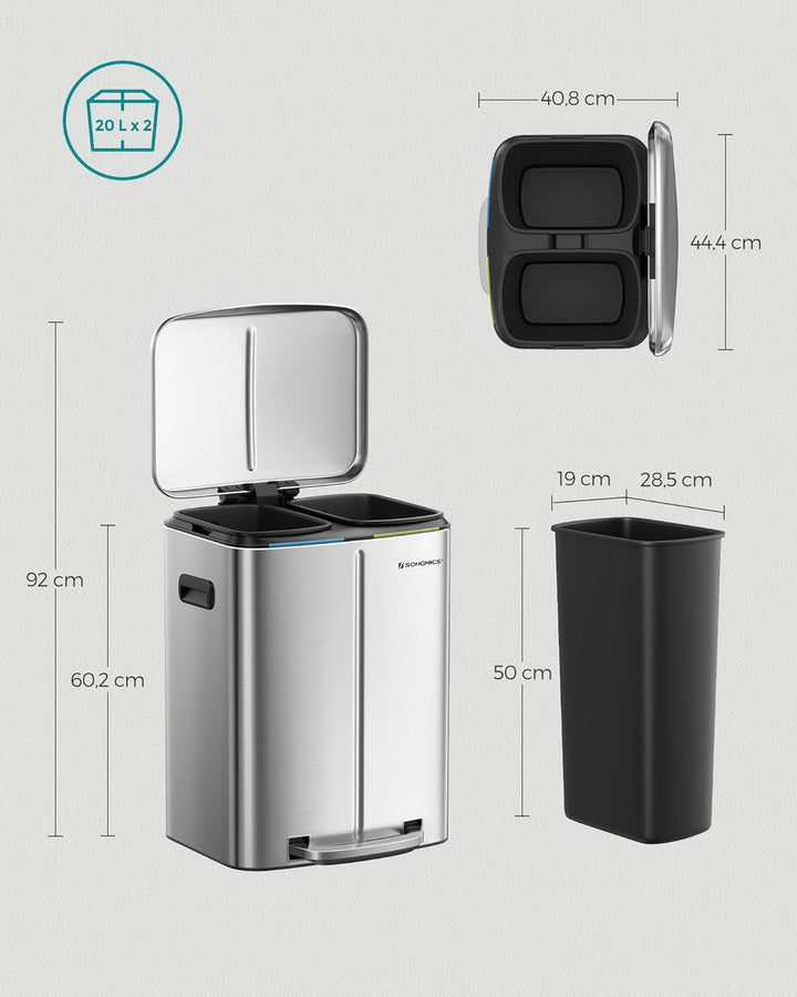 SONGMICS 40 L Mülleimer mit 2 Fächern, 2 x 20 L, Abfalleimer, Treteimer aus Metall, Inneneimer aus K