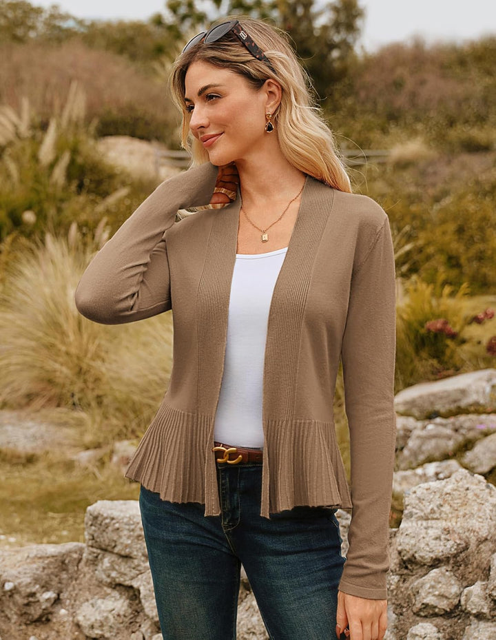 GRACE KARIN Damen Strickjacke Leicht Lange Ärmel Candigan offene Vorderseite Bolero mit Raffung Eleg
